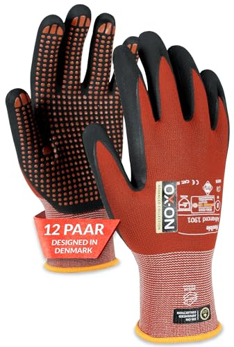OX-ON FLEXIBLE ADVANCED 1901 Arbeitshandschuhe Gr.8 I 12 Paar rote Schutzhandschuhe mit Nitrilschaumbeschichtung & Noppen I Für festen Grip in trockener & nasser Umgebung I mit EN-Zertifizierung