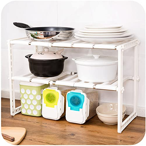 Scaffale Stoviglie Estensibile in Inox Acciaio, Cestelli Sottolavello con 2 Ripiani, Mensola Multifunzionale, per Cucina Bagno Sotto Lavello, Organizer Rack Allungabile in Acciaio Inossidabile bianco