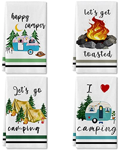 Camping Kitchen Towels Set of 4 Dish Towels Kitchen Hand Towels Kit Printed with Funny Sayings Novelty Gifts for Campers Happy Camper Camping Tent Pine Tree Farmhouse RV Decor Sign Home Decorations