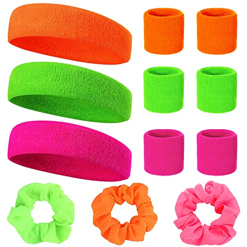 Neon 80er Schweißband 9-Teiliges Set Jahre Stirn- und Handgelenksband Fluoreszierende Farbe Neon Haargummis Retro Party Accessoires Für Damen und Herren in 3 Farben