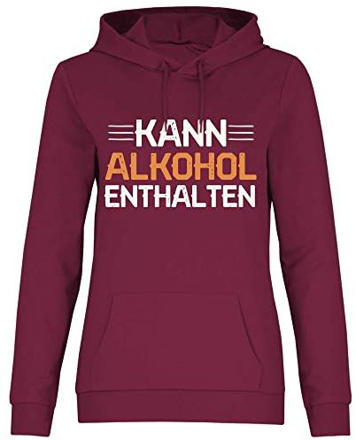 wowshirt Damen Hoodie Kann Alkohol Enthalten Malle Wein-Liebhaber Party Geschenk Saufen JGA Bier, Größe:L, Farbe:Burgundy