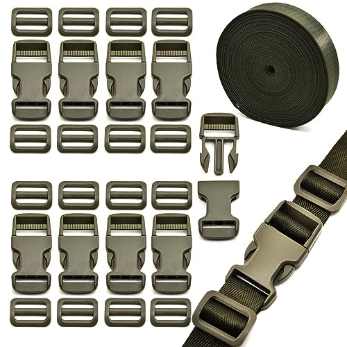 Eviznbou 10 m 25 mm nylonrem med 10 st plastspännen, 20 st plastspänne med klämma, för ryggsäck, gör-det-själv-hantverk, tält, barnryggsäck, hundhalsband, militärgrön, 25 mm