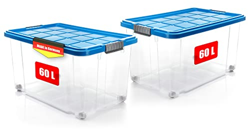 BigDean 2 Stück 60 L Aufbewahrungsbox mit Deckel groß azurblau - stapelbare robuste Box - rollbare Stapelbox mit festen Klickverschlüssen - Made in Germany