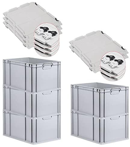 PROREGAL SuperSparSet 5x Eurobox NextGen Grip mit Scharnierdeckel und schwarzen Schiebeschnappverschlüssen, HxBxT 32x40x60cm, 65 L, Grau, Griffe geschlossen, Eurobehälter, Transportbox