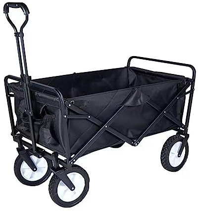 WYJRO Chariot D'extérieur Pliable,Noir Chariot De Plage,Chariot De Jardin 4 Roues Poignée Réglable Charrette Chariot De Transport À roulettes Tout Terrain pour Extérieur Portant 100 Kg