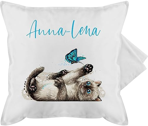 Kissenbezug - Katzen - Süße verspielte Katze Cat - 50 x 50 cm - Weiß - katzenmotiv kissen katzenkissen cats kätzchen pillow für katzenbesitzerin katzenmotiven name kissenhülle personalisiertes