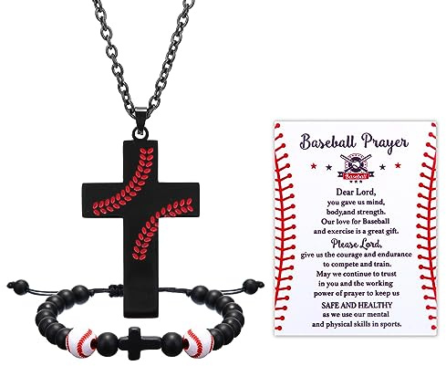 Sumind 3 Pcs Christian Baseball Gifts for Boys Men Baseball Cross Necklace and Bracelet Jesus Inspirational Bible Verse Quote Easter Religious Graduation Birthday Favor Supplies