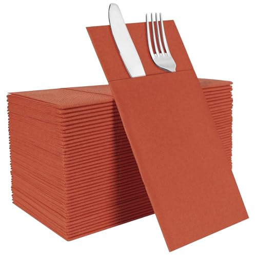 Terracotta Disposable Napkins with Built-in Flatware Pocket, Linen Feel Prefolded Dinner Napkins for Weddings, Parties, Thanksgiving, Evening Events, 50 Pack