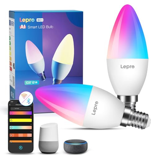 Lepro AI Smart Glühbirne BC1, 4.9W 470LM Glühbirne E14 Dimmbar, KI-Lichtdesign-Assistent, Warmweiß-Kaltweiß und RGB, Kompatibel mit Alexa/Google, Sprachsteuerung/Musik Sync, WiFi & Bluetooth, 2 Stück