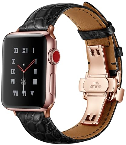 Lederriemen Krokodilmuster Kompatibel mit Apple Watch 49mm 45mm 44mm 42mm 41mm 40mm 38mm Armband, Echtes Leder Armband für iWatch Ultra/Ultra 2/Series 9/8/7/6/5/4/SE/SE 2,Black/RoseGold,38/40/41mm
