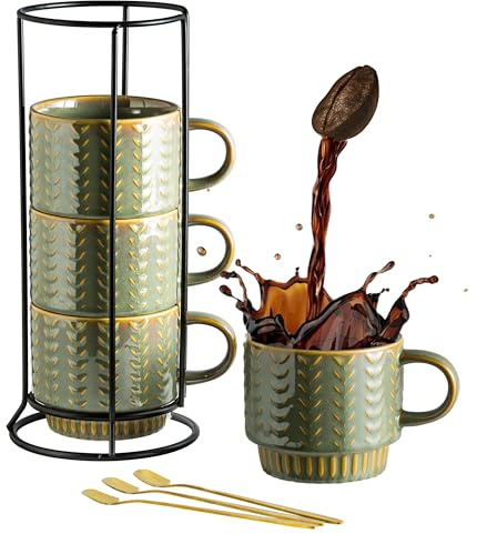 Miamolo Coffee Mugs Set of 4 with Spoons & Rack, Stackable Espresso Cups 13oz Coffee Mug for Drinks Latte Cappuccino Tea, Turkish Coffee Cup for Housewarming Wedding Gift, Dishwasher Safe