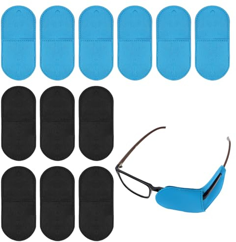 12 Stück Augenklappe für Brillen - Wiederverwendbare Augenklappen, Amblyopie, Strabismus Sehverbesserung, Faule Augenklappen aus Vliesstoff für Erwachsene & Kinder, Schwarz und Blau