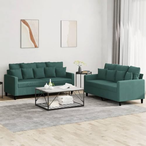 Homgoday 2-TLG. Sofagarnitur mit Kissen Wohnzimmersofa Sofa Couch mit Rückenlehne Loungesofa Gästesofa Couchgarnitur Modern Sitzmöbel für Wohnzimmer Büro Schlafzimmer Dunkelgrün Samt