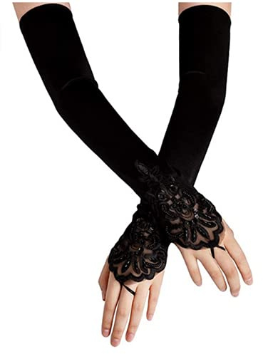 TXDAMAI Handschuhe für Frauen Mädchen,Abendhandschuhe Satin Handschuhe Lang Opernhandschuhe Tanzhandschuhe 1920 Handschuhe für Frauen Mädchen (Fingerlose Schwarz)