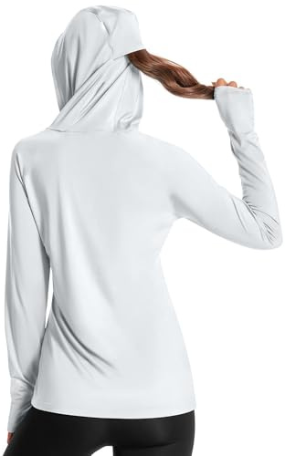 Damen Laufshirt UPF 50+ Sonnenschutz Hoodie Sportshirt UV Shirt Langarm Wandern Outdoor Shirt Schnelltrocknend Leichter Grau 03-L