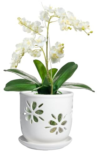 vensovo 15CM Orchid Pot with Holes and Saucer – White Ceramic Orchid Planter with Drainage for Repotting, Root Health & Orchid Care, Decorative Flower Pot for Indoor Outdoor Plants (1 Pack)