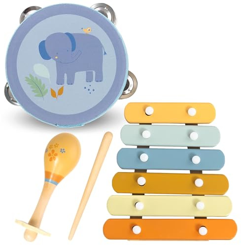 Mamabrum Ensemble d'instruments pour Enfants sur Le Thème de l'éléphant : Tambour, Maracas, Xylophone, Jouet éducatif Favorisant Le Développement Manuel et Sensoriel, Jeu Créatif, Couleurs Subtiles