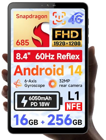 BNCF Tableta 8.4 Pulgadas con Snapdragon 685, Android 14, resolución FHD IPS 1920x1200, cámara de 5MP+32MP, 16GB+256GB (expandible a 1TB), 4G LTE, WiFi 2.4G/5G, BT5.0, GPS, batería de 6050mAh