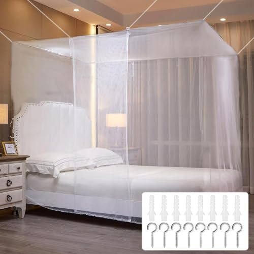 CINGHIA Moskitonetz Bett,Betthimmel,Quadrat Himmelbett Vorhänge,Feinmaschiger Mosquito Netz Bett,Canopy Bed Curtains fur Doppelbett Einzelbett,Moskitonetz Weiß 150×200×165cm