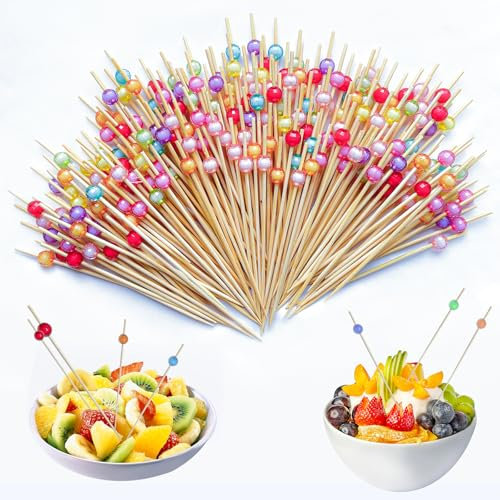 IETWATE 200 brochetas de cóctel, 12 cm, palillos de madera con perlas acrílicas coloridas, pinchos para cócteles, para bar, carnaval, fiestas y cumpleaños, decoración de cócteles