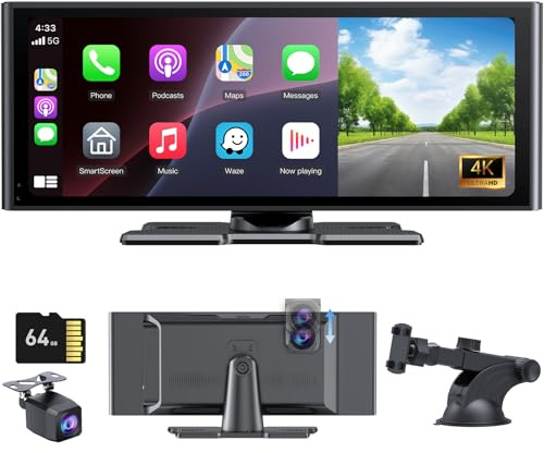 CarPlay Display für Auto 10,26 HD kabellos mit CarPlay & Android Auto | Car Play Display Touchscreen mit SuperLink,4K Dashcam,1080P Rückkamera,Loop-Aufnahme,Bluetooth-Audio,GPS,Siri