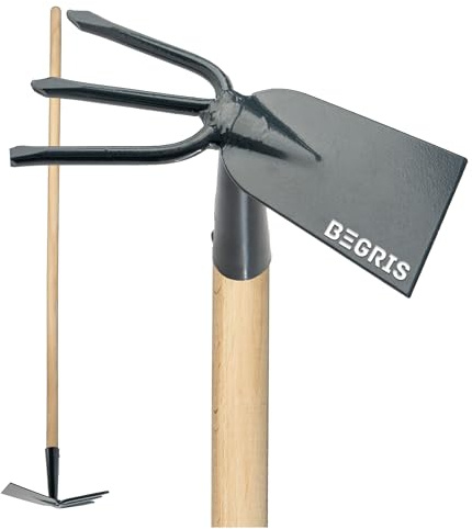 BEGRIS® Hacke aus Metall mit Dreizack Garten und Stiel aus Holz 110 cm, Geschmiedete Hacke zum Lockern und Aufbrechen des Bodens, Gartenhacke zum Ausreißen von Unkraut, 3-Zahn-Gabelhacke