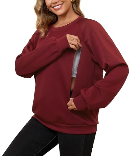 DEBELLY Nursing Friendly Sweatshirt for Breastfeeding Women Dual Zippers Nursing Top Long Sleeve Crew Neck Casual Wear, Burgundy Red, Medium