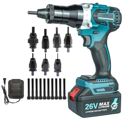 Nietzange Akku Elektrisch Nietmaschine Automatisch Nietzange mit 5200mAh Batterie, 26V Automatisches Nietpistole Set mit Nasenstücken für M3 M4 M5 M6 M8 M10 M12