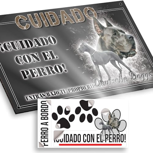 Perro Dogo Alemán Cartel Cuidado con el Perro 20x12,5cm - Diseño Antracita en Dibond con Pegatina Coche 20x5cm - En Español