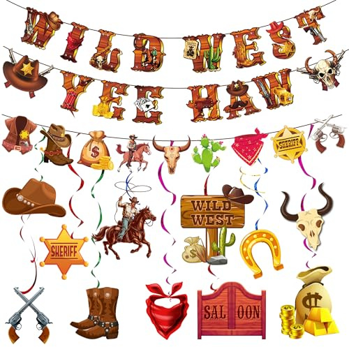 Decorazioni Festa Western Cowboy-13 Pezzi Decorazioni Compleanno West Cowboy Set Spirale e Banner Cowboy Vortici Appesi per Feste a Tema Western