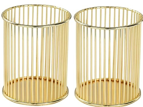 Lot de 2 pots à crayons ronds en métal doré creux, pot à crayons multifonctionnel, panier de rangement pour pinceaux de maquillage, papeterie pour bureau, maison, bureau, école