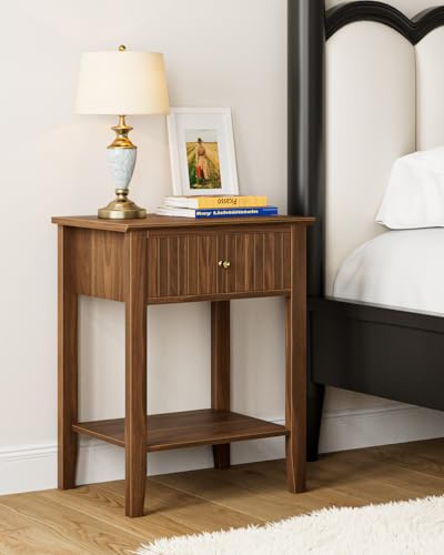 HEYZOEY Nachttisch, Retro Nachtschrank mit 1 Schublade, Nachttisch, Boho Nachtkommode für Schlafzimmer, Wohnzimmer, Château-Nussbaum