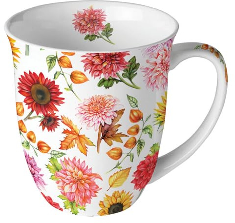 Ambiente Kaffeetasse Henkelbecher Teetasse Jumbotasse 0,4 l Fine Bone China Porzellan bunte Blumen und Blätter Herbst