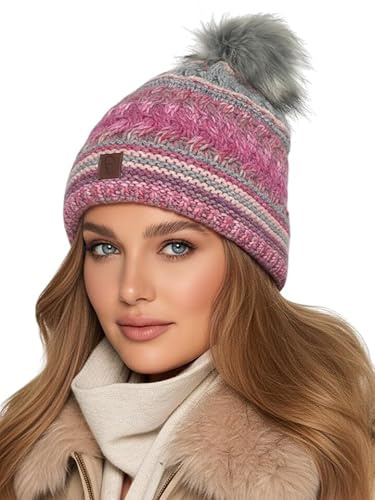 Baesics Bommelmütze Damen Herren - Wintermütze Kunstfell Bommel warm | Mit flauschigem Pompon und weichem Fleecefutter, Größe ca. 54-58 cm, Strick aus der EU. Warm für Herbst, Winter und als