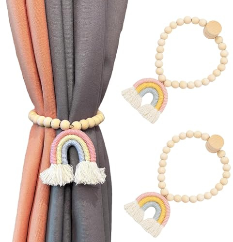 2 Stück Vorhang Raffhalter Regenbogen, Magnetic Curtain Tiebacks Tassels, Vorhang Raffhalter Kinderzimmer, Magnetische vorhang Raffhalter Baumwollseile, Gardinenraffer aus Holz für Haus, Büro, Home