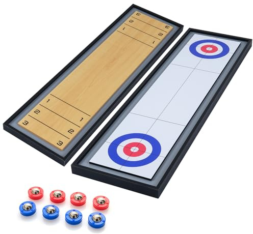 COSTWAY 2 in 1 Shuffleboard and Curling Game Table, Portable 2-Sided Tabletop Games with 8 Rolling Pucks, Wooden Family Game Set for Kids & Adults
