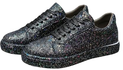 Paljetter dam, platta skor, glitter, sneakers med snörning, promenadskor, vår och höst, sportskor, andas, sneakers, halkfria, lediga, glitterskor, fritidsskor, löparskor, svart, 42 EU