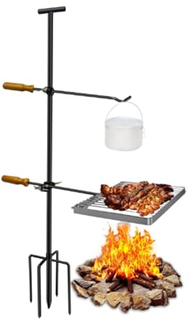 Griglia girevole per falò, regolabile a 360°, con manico girevole, portatile, per barbecue da campeggio e cottura a fuoco aperto