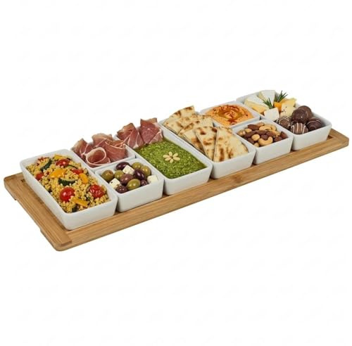 URBNLIVING Bamboo Serving Tray with 8 Ceramic Bowls – Snack Platter, Appetizer and Party Serving Set, Modular and Dishwasher-Safe, Elegant Kitchen & Dining Organizer
