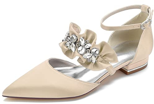Yhsdfcn Brudskor med Volanger för Dam - Satin Ballerina Mary Jane med Strass, Spetsig Tå och Låg Blockklack,B champagne,EU38