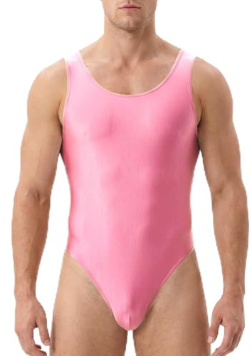 HIVTE Bodubody för Herrar, Glänsande Brottardräkt med Låg Rygg, Ärmlös High Cut Gymnastikdräkt för Simning och Träning, Rosa