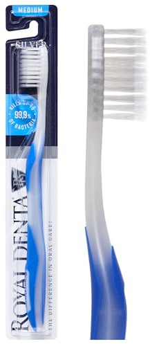 Royal Denta Zahnbürste Mittel, Handzahnbürste sanft zum Zahnfleisch, Doppelborsten für Zahnzwischenräume, mit Silberpartikeln zur antibakteriellen Pflege, ergonomisch & langlebig, Blau
