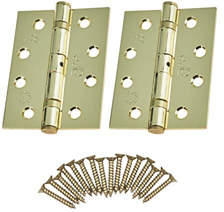 Door Hinges 4 102mm Ball Bearing 1 Pair Pack [2 Hinges & Screws] Polished Brass Finish