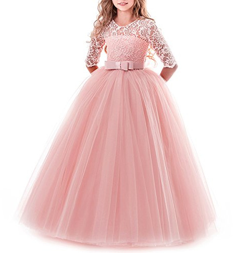 Flower Girls Lace 3/4 Sleeve Dress Wedding Bridesmaid First Communion Evening Party Floor Length Dress Kid Toddler Princess Pageant Birthday Prom Carnival Christmas Ball Gown Pink 9-10 Years