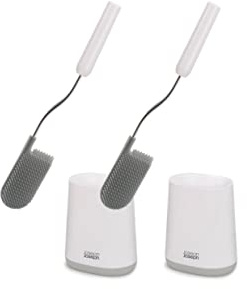 Joseph Joseph Flex Lite - 2-Pack Silikon Toalettborste med slimline hållare, flexibelt, flexibelt anti-dropp, anti-stopp, djuprengörande huvud, vit/grå, liten