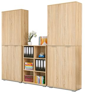mutatio Bücherregal Set - Aktenschrankwand - Regalwand - [Multifunktional] - Aufbewahrungsschrank - Büro Möbel - Holzregale für Order - Set - 7 TLG. - Sonoma-Eiche | Arbeitszimmer Regal