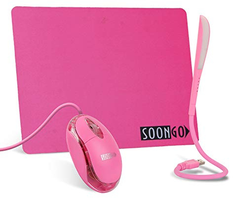 SOONGO Pinkes Mauspad – LED-Licht, 3-in-1-Geschenk, rutschfeste Gummiunterseite, Touch, dimmbar, flexibel, USB-Laptop-Leselampe für Zuhause, Büro, Reisen