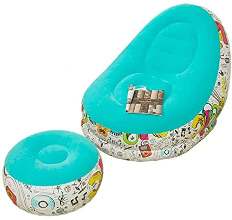 KAISUN Aufblasbarer Loungesessel mit Fußschemel, Aufblasbare Luftmatratze Klappsofa Lazy Sofa, Beflockt, Tragbar Sitzsack,für Den Außenbereich (Blau)