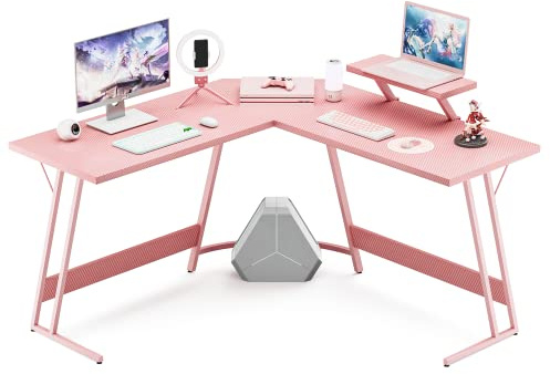 VICTONE L Shaped Gaming Desk, Corner Desk with Monitor Stand, Computer PC Table for Home Office Writing Studying Working, Space-Saving, Easy Assemble(Pink,51'')