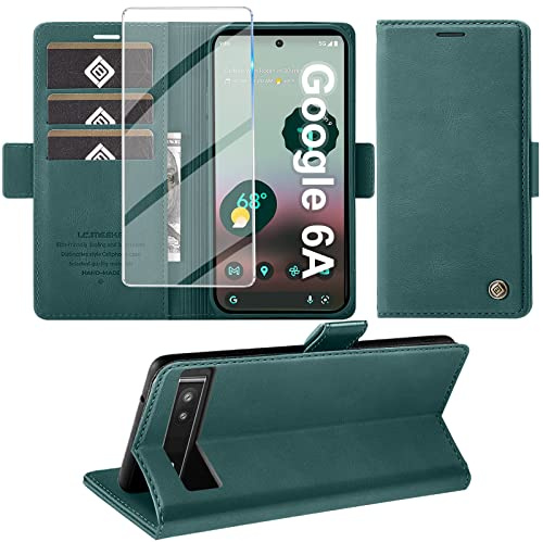 Giyer Handyhülle für Google Pixel 6A 5G Flip Case Cover Stoßfeste Klapphülle mit Standfunktion Wallet Premium Leder Schutzhülle mit Schutzfolie und 3 Kartenfächern (grün)